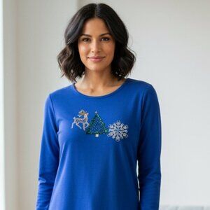 Designs Studio L Blue Christmas Tree Tee Sequin Layering Grandmacore